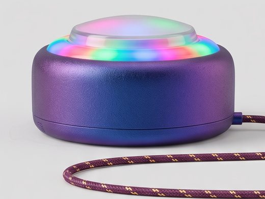 Side view of Puck with its light ring glowing and its braided power cable.